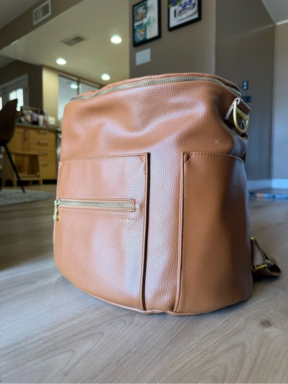 Fawn Design Tan Faux Leather Baby Bag Backpack with Gold Hardware